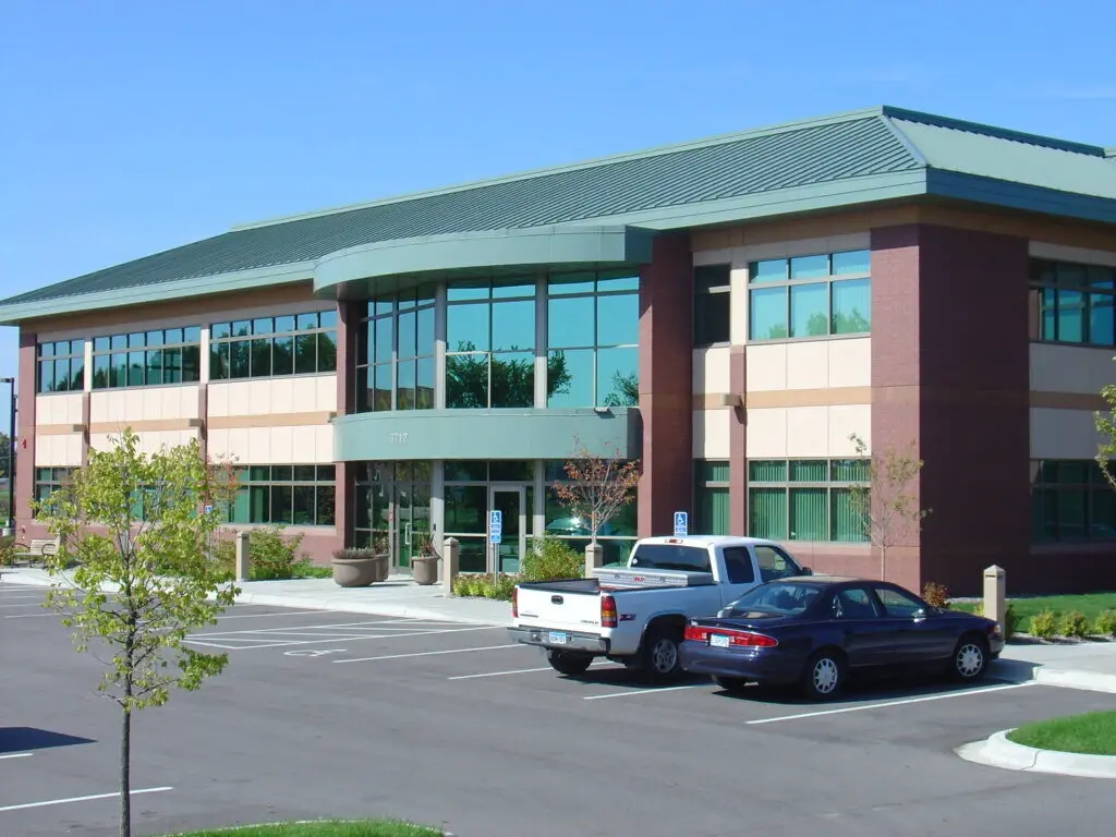 exterior shot of glass office front