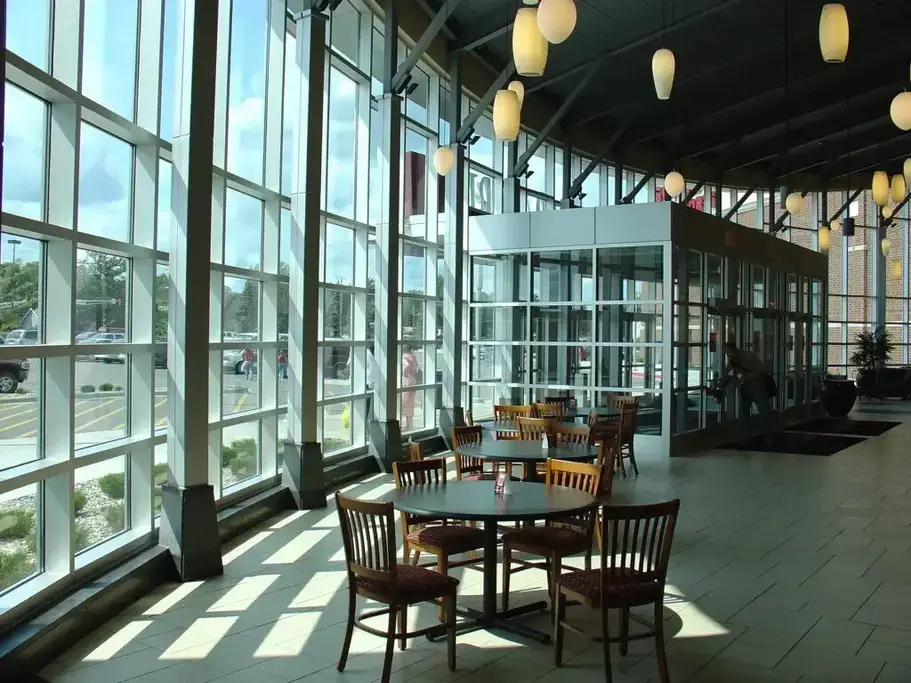 wall of glass windows of food court